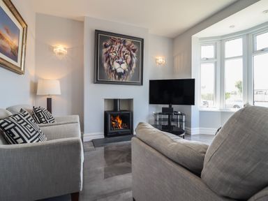 A living room with two beige sofas a fireplace with a lion painting above and a television at Bronallt in Cemaes Bay