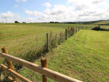 A fenced field with grass and electricity poles at Coach House Cottage