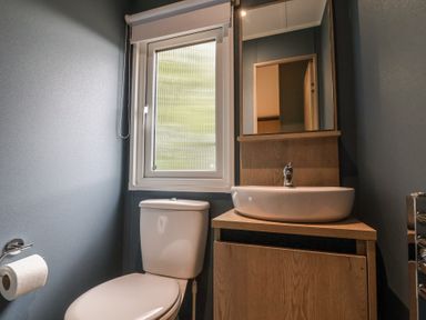 A bathroom with a toilet and sink at The Pines 2 Bedrooms in Delamere