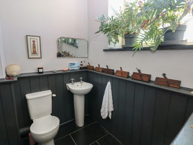 A bathroom with a white toilet and pedestal sink a wall mirror framed artwork plants on the windowsill and decorative wooden items on a ledge at Zoar Chapel in Carew