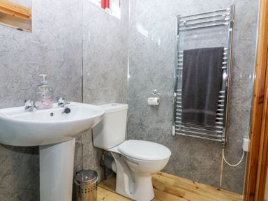 A bathroom with a sink soap dispenser toilet paper holder towel rack with towel and a trash bin at Smiddy Bothy Edzell
