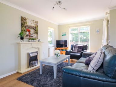 A living room with a fireplace a gray coffee table black leather sofas and a TV at Lodge 9- Lamorna Tregolds near St Merryn
