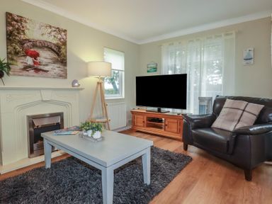A living room with a sofa, coffee table, and television at Lodge 9 - Lamorna in Tregolds near St Merryn