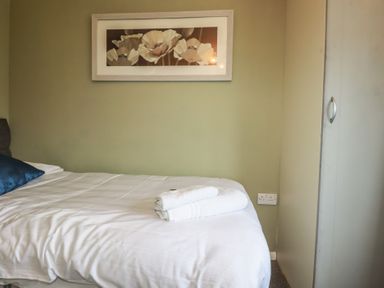 A bedroom with a bed and a picture on the wall at Lodge 9 - Lamorna, Tregolds near St Merryn