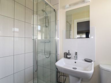 A bathroom with a shower cubicle a sink with soap dispenser and mirror a toilet at Lodge 18 in St Merryn
