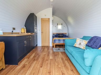 A living room with a kitchen and a bed at Honeypot Hideaways - Acacia