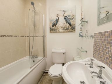 A bathroom with a bathtub shower combination a toilet a sink and wall art of birds at Old Malthouse Apartment in Weymouth