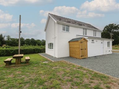 A house with a picnic table and shed in an outdoor area at Glandwr House in Llandrindod Wells