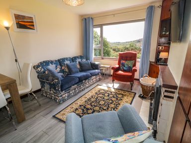 A living room with patterned blue sofa red armchair rug and window showing greenery at LOCH ILLION VIEW in Dungloe County Donegal