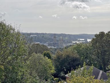 A view of buildings and trees in Truro at Trenare