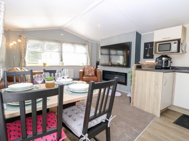 A living room with a dining area and kitchen appliances at Number 34 Foxburrow Hang in Great Yarmouth
