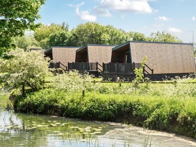 Three wooden cabins with porches near a pond with lilies surrounded by trees and greenery at Billing Aquadrome Holiday Park