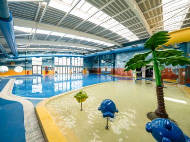 An indoor swimming pool area with a shallow kids pool featuring animal sculptures and a palm tree near a large main pool at Starlight Skylight - Billing Aquadrome Holiday Park