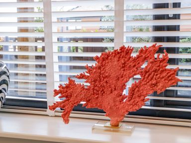 A coral decoration on a sill with blinds at Forest Lodge in Pontyclun
