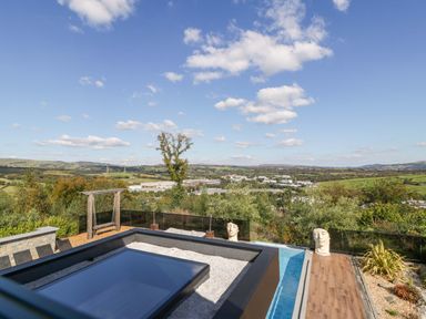 An outdoor area with a hot tub and garden sculptures at Forest Lodge in Pontyclun