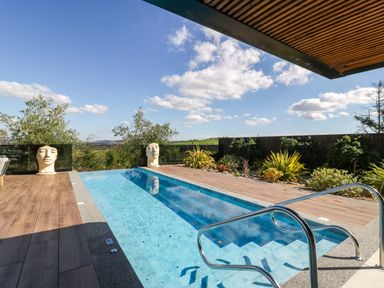 An outdoor area with a swimming pool and statues at Forest Lodge in Pontyclun