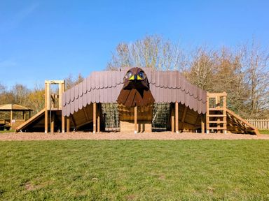 A playground with a climbing structure shaped like an eagle