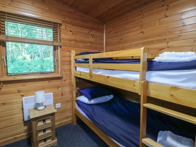 A wooden bedroom with bunk beds beside a window and a small wooden bedside table with a lamp at Cedar Lodge in Rosliston