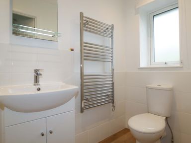 A bathroom with a sink, toilet and a heated towel rail at Folly View in Cambrose near Illogan