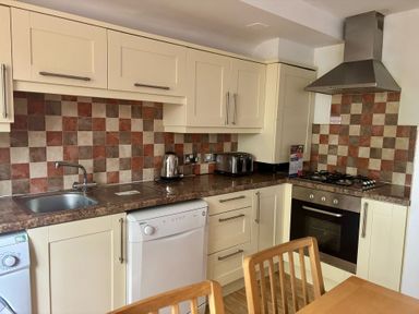 A kitchen with modern appliances and wooden furniture at Acorn Lodge Finlakes Holiday Park near Chudleigh
