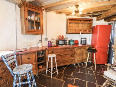 A kitchen with wooden cabinets and appliances at The Old Cornmill in Cemaes Bay