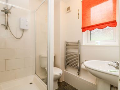 A bathroom with a shower cubicle toilet bidet and a window with a red blind at Valley Lodge 31 in St Ann's Chapel Cornwall