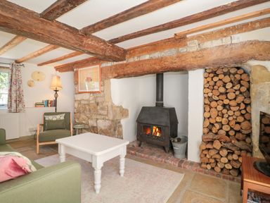 A living room with a wood stove and seating at Old Farm Cottage in Warminster