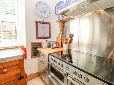 A kitchen corner with stainless steel stove toaster wooden utensils and decorative blue and white plates on wall at Shaftoe Mews in Haydon Bridge