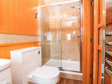 A bathroom with a shower, toilet, and sink at Masons Hut in West Mains near Haggerston