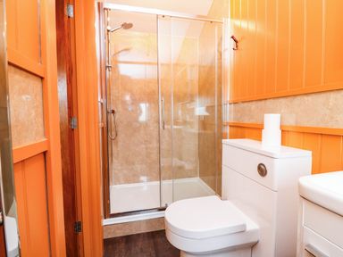 A bathroom with a shower and toilet at Masons Hut in West Mains near Haggerston