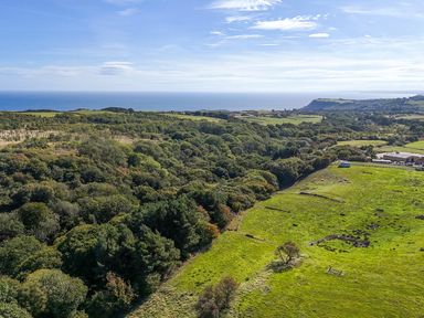An aerial view of countryside and ocean at Mini pod Staintondale near Burniston