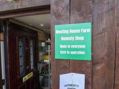Meeting House Farm Honesty Shop entrance with sign in Staintondale near Burniston
