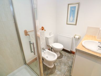 A bathroom with a shower, toilet, and bidet at The Cottage in St. Ives