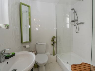 A bathroom with a sink, toilet, shower, and bathtub at Yr Hen Ysgoldy