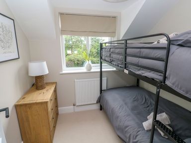 A bedroom with a bunk bed and a dresser at Hafan Y Gof in Newcastle Emlyn