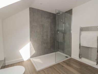 A bathroom with a shower and towel rack at 1 The Stables in Highbridge