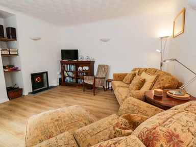 A living room with a sofa, armchair, and television at No.1 Vanderhoof Way in Saundersfoot