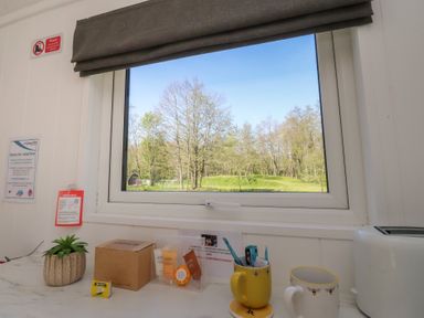 A kitchen with a window showing trees outside at Butterfly Hut 2 in Forton near Garstang