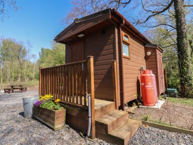 A wooden cabin with flowers and a gas cylinder at Butterfly Hut 2 in Forton near Garstang