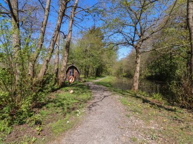 A path beside a river with trees and a cabin at Butterfly Hut 2 Forton near Garstang