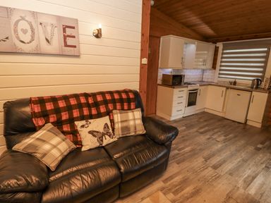 A living room with a sofa and kitchen area at Farnes Lodge Longframlington