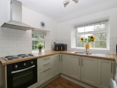 A kitchen with stove, sink, and window at Penny Farthing Inn Aston Crews near Ross-On-Wye