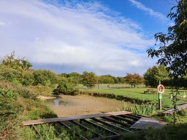A park with water and trees at Hayloft in Ipswich