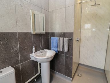 A bathroom with a sink and shower at Fisherman's Rest in Ipswich
