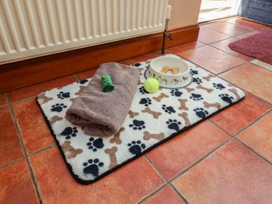 A dog mat with towel, bowl, biscuits, and a tennis ball at Wheelwright's Cottage in Ipswich