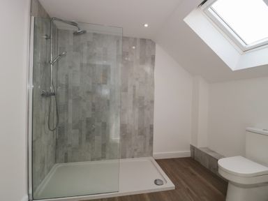 A bathroom with a shower and toilet at 3 The Stables in Highbridge