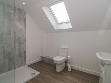 A bathroom with a shower, toilet, and sink at 3 The Stables Highbridge