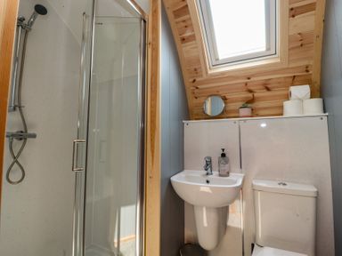 A bathroom with a shower and sink at Barley near Nelson