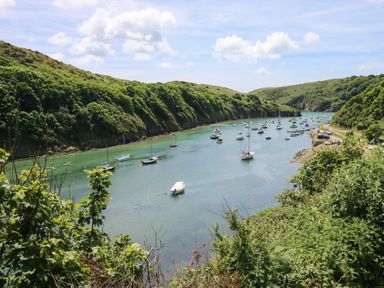 A view of a river with boats and green hills at The Shephard Hut Nine Wells near Solva
