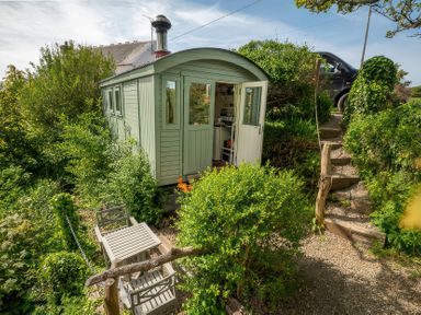 A hut surrounded by greenery with steps leading to a driveway at The Shepherd Hut near Nine Wells near Solva